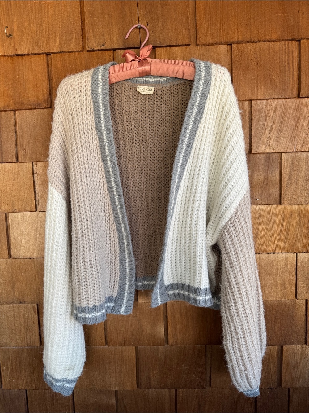 Taupe and Tan Colorblock Open Knit Cardigan - Cream & Taupe